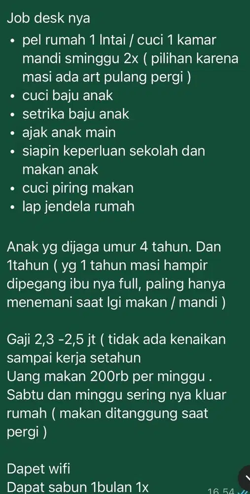 Mencari cewe art / asisten rumah tangga / pembantu umur 20-28 tahun