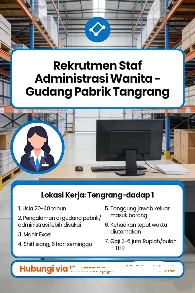 Lowongan kerja Staff administrasi wanita Gudang Pabrik