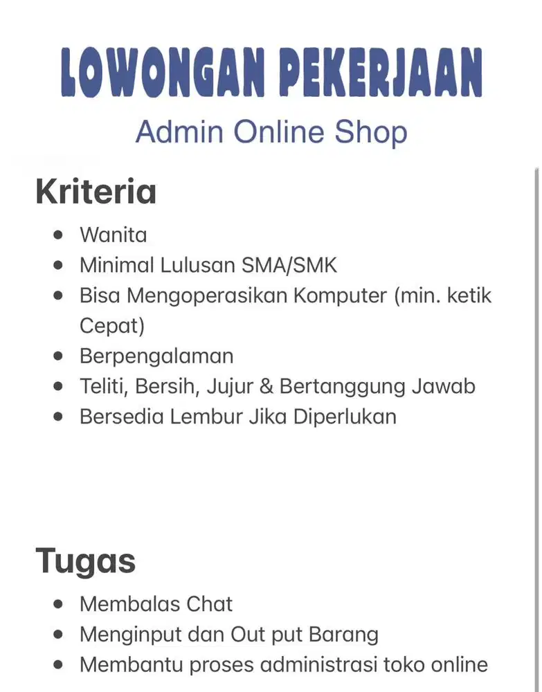 LOKER ADMIN ONLINE SHOP