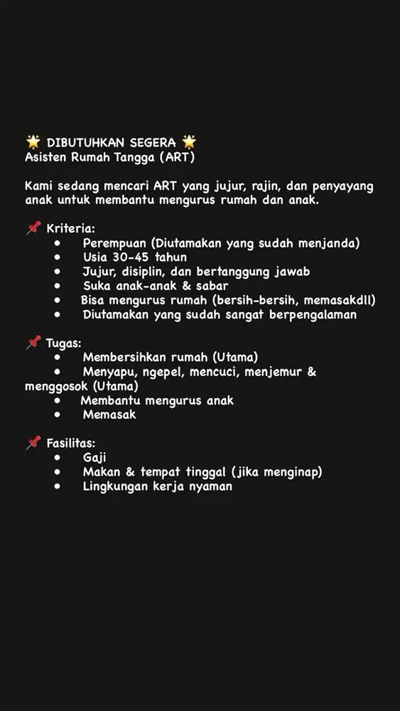 Dicari ART daerah Bandar Lampung