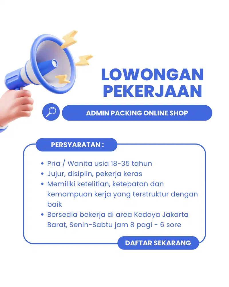 Dibutuhkan Admin Packing Online Shop