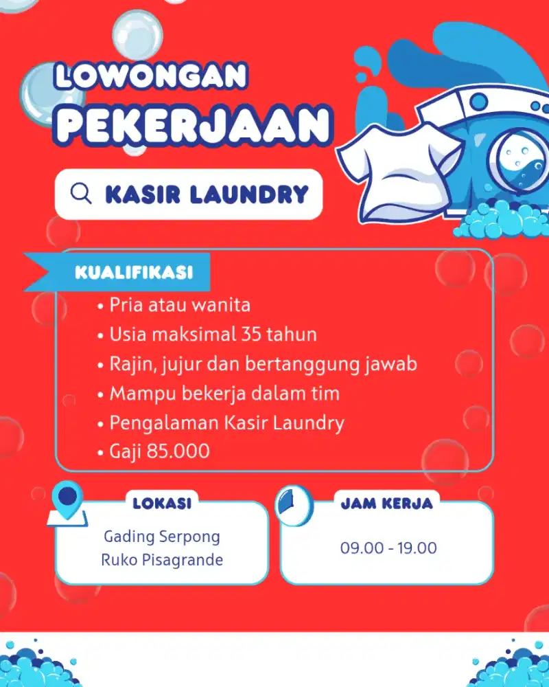 Di cari karyawan Kasir Laundry