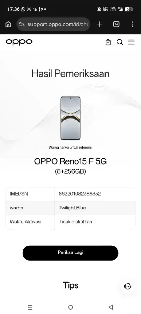 Oppo Reno 15 F 5G 8/256, garansi 12 bulan