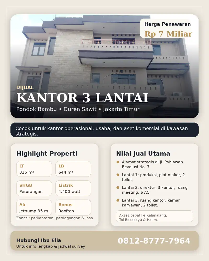 DIJUAL GEDUNG KANTOR STRATEGIS 3 LANTAI + ROOFTOP – JAKARTA TIMUR