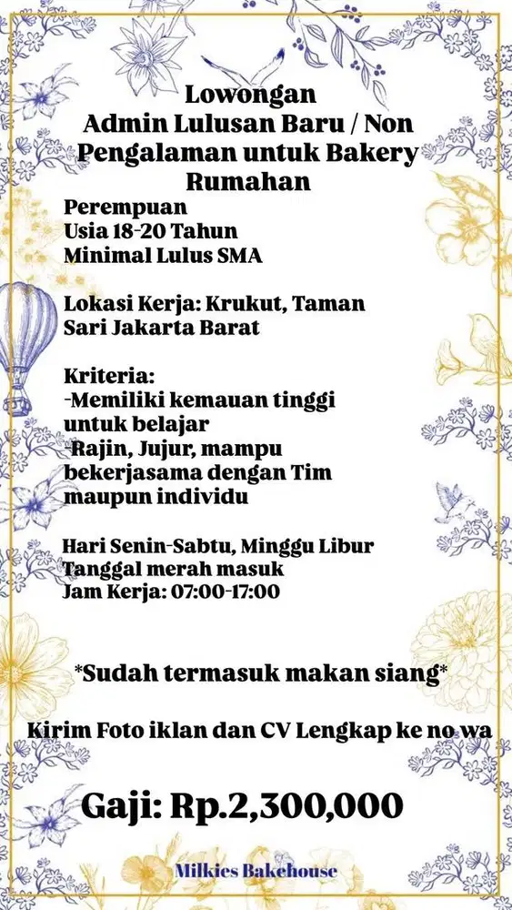 Lowongan Admin Lulusan Baru Non pengalaman untukvbakery rumahan
