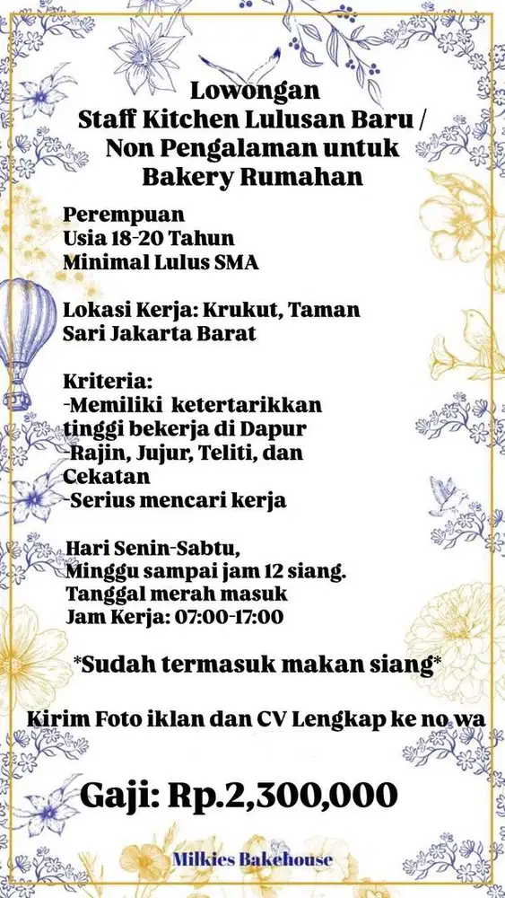 Staff Dapur Non pengalaman untuk Bakery Rumahan