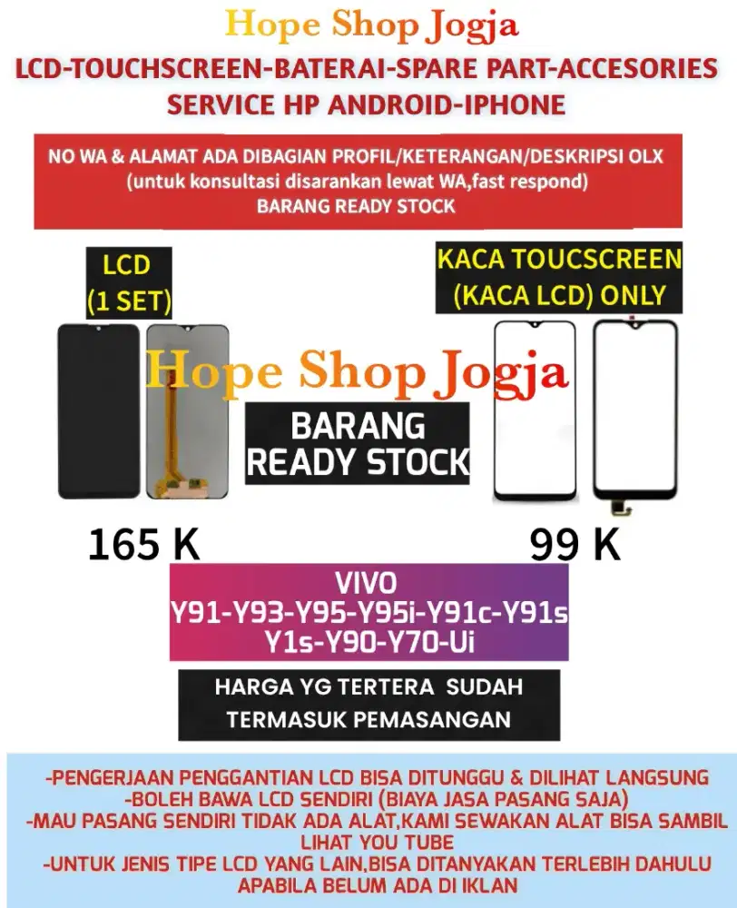 Baterai-Touchscreen-LCD VIVO
Y91-Y93-Y95-Y95i-Y91c-Y93s-Y1s-Y90-Y70-Ui