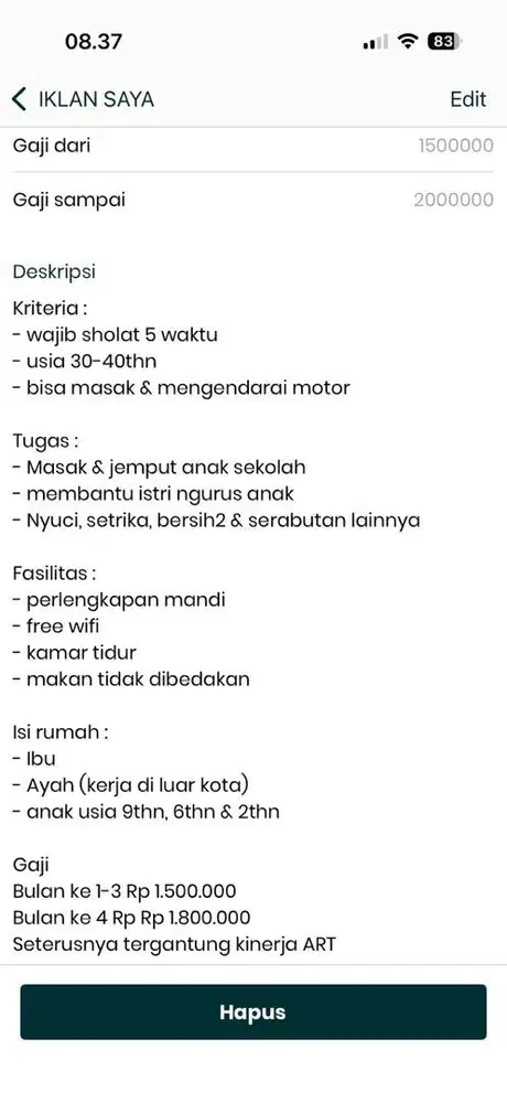 Dibutuhkan segera ART nginap wilayah Bekasi