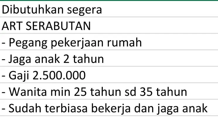 ART serabutan jaga anak 2 tahun, diutamakan yang berpengalaman.