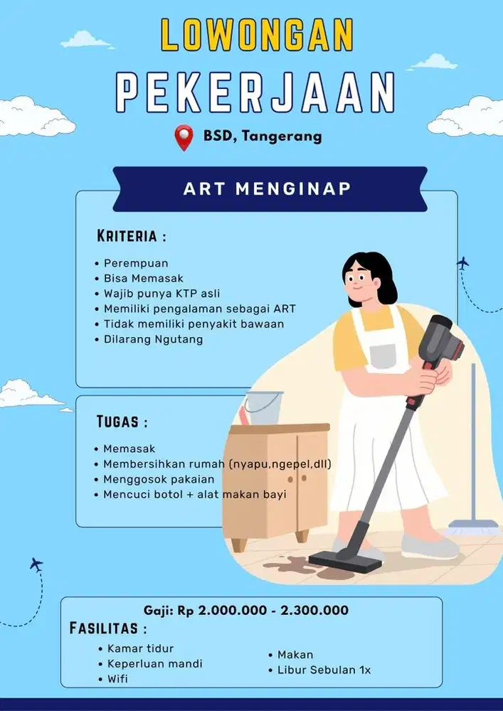 Dicari ART Menginap daerah BSD