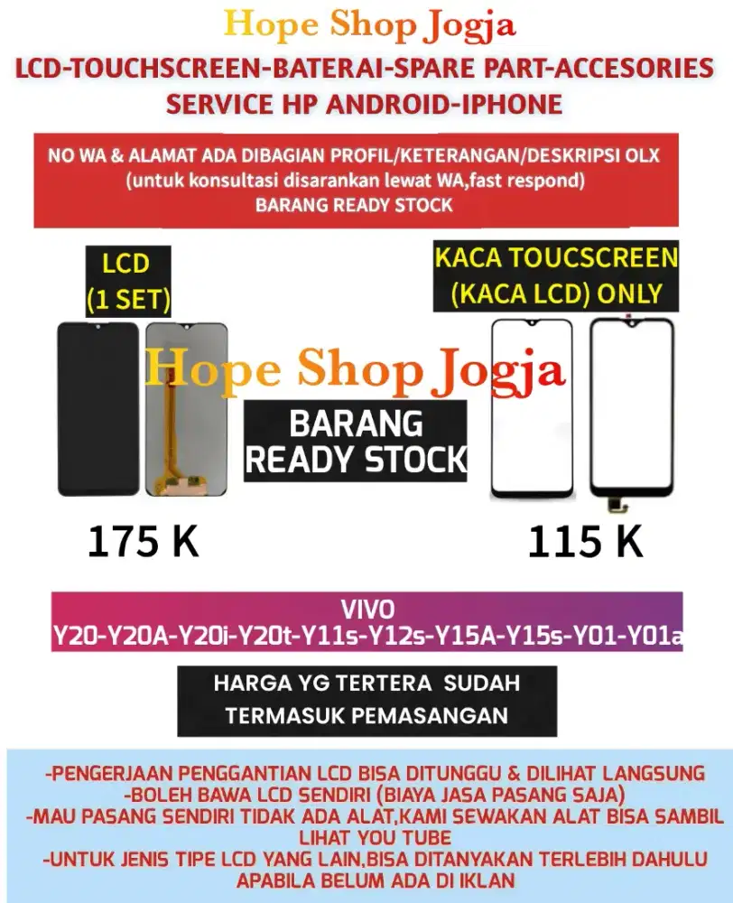 Touchscreen-Baterai-Lcd VIVO
Y20-Y20A-Y11s-Y12s-Y15A-Y15s-Y01-Y01a