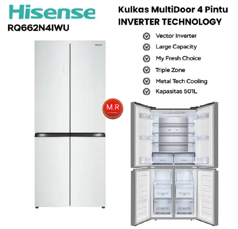 PROMO KULKAS 4 PINTU PUTIH KACA HISENSE INVERTER PRO GARANSI 25 TAHUN