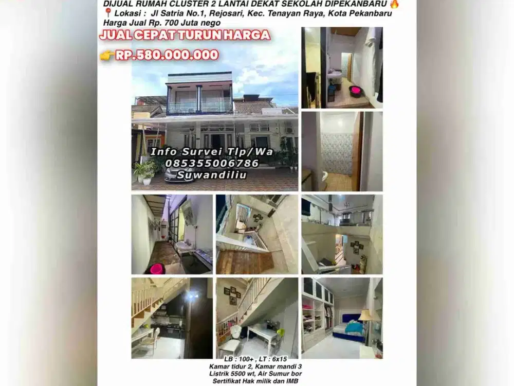 dijual rumah cluster 2 lantai jl.satria no 1 rejosari