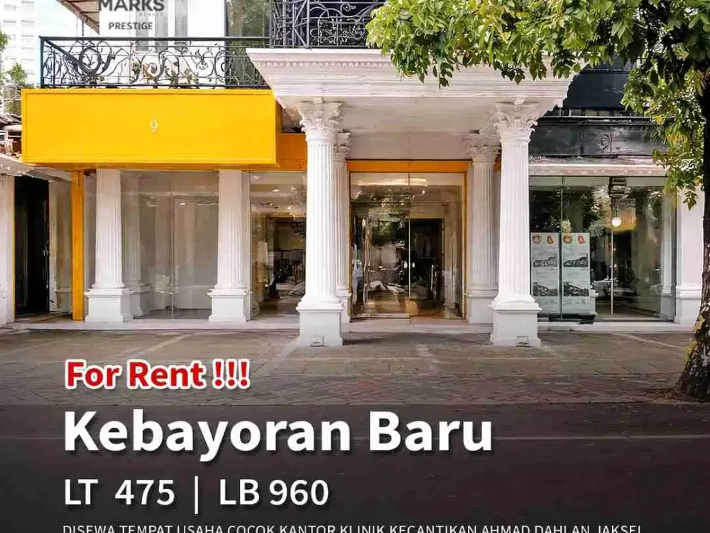 DISEWA TEMPAT USAHA  COCOK KANTOR, KLINIK KECANTIKAN AHMAD DAHLAN KEBAYORAN BARU JAkARTA SELATAN 
SHM 
Luas tanah : 475m
Luas bangunan: 960m
Bangunan: 3 lantai
Toilet: 9
Fasilitas: AC Central, lift dan pantry 
Line tlp: 1
Air: tanah
Parkir: 12 mobil
Note: