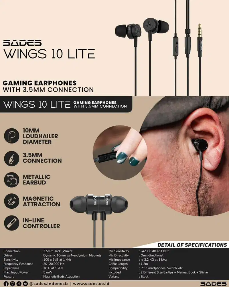 Earphone Gaming Sades Wings-10 Wings10 include Pouch