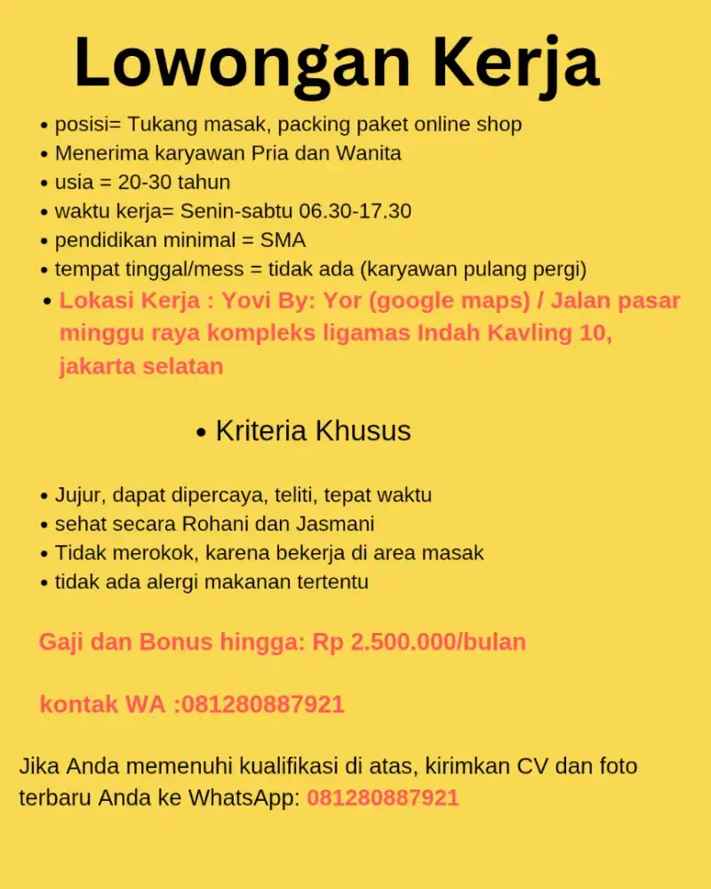 Loker Chef dan packing online shop