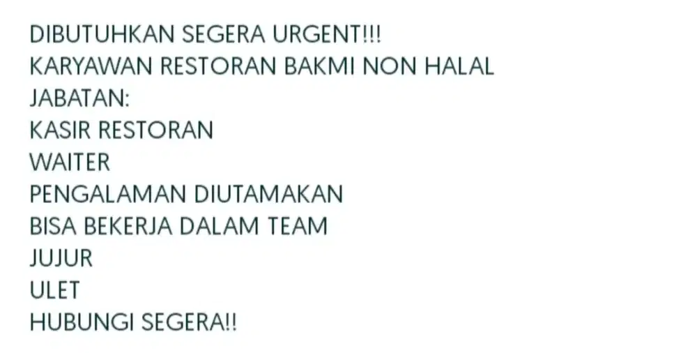 LOWONGAN RESTORAN URGENT