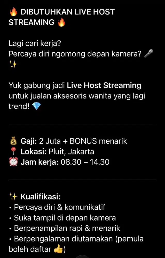 Live Host Streaming Wanita | Gaji + Bonus | Pluit Jakarta