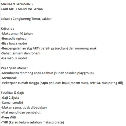 DIBUTUHKAN ART NGINAP + MOMONG ANAK 4TH