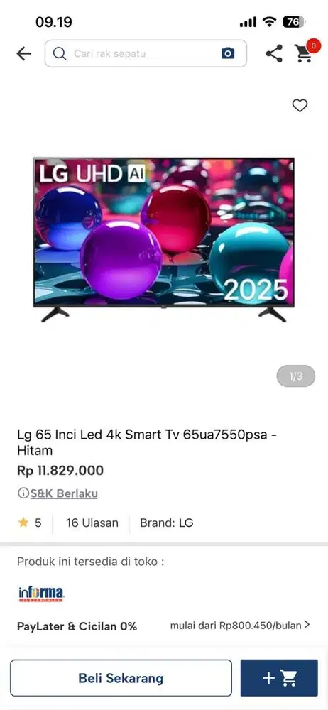 LG SMART TV 65inc UA7550psa