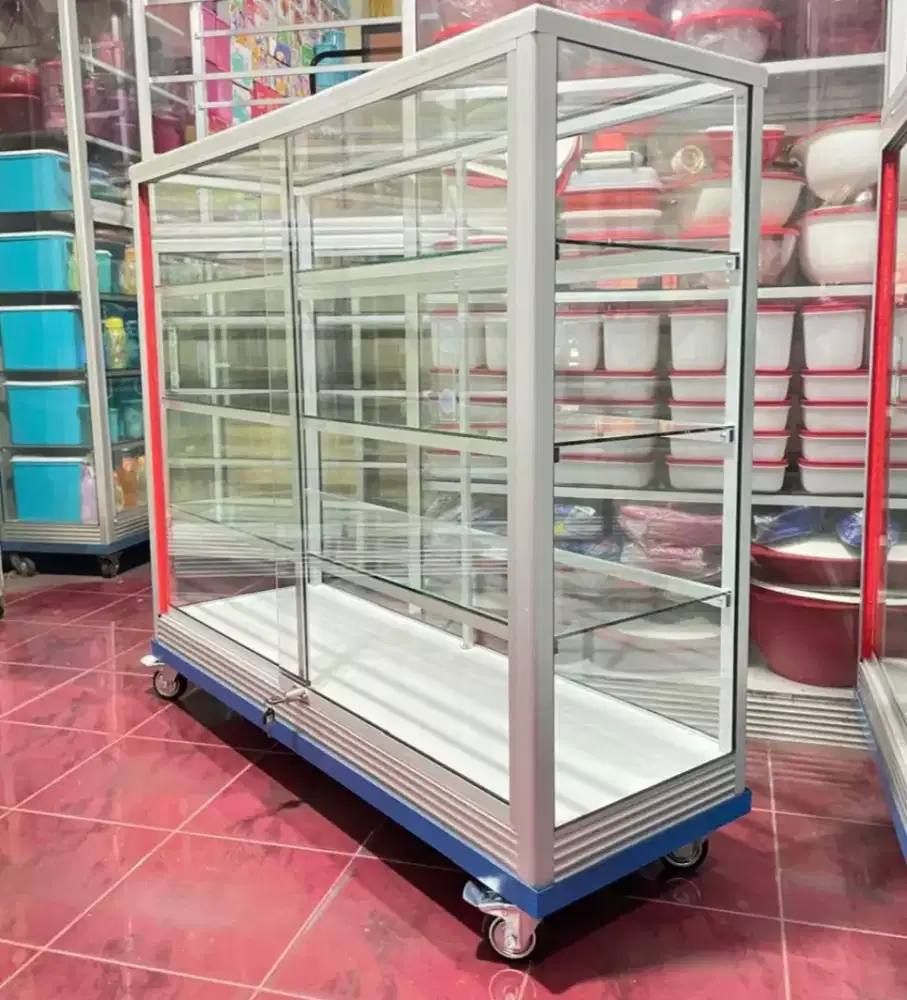 Etalase Panjang 1,2Mx1M Pake RODA BESAR & SIKU BESI Siap Kirim