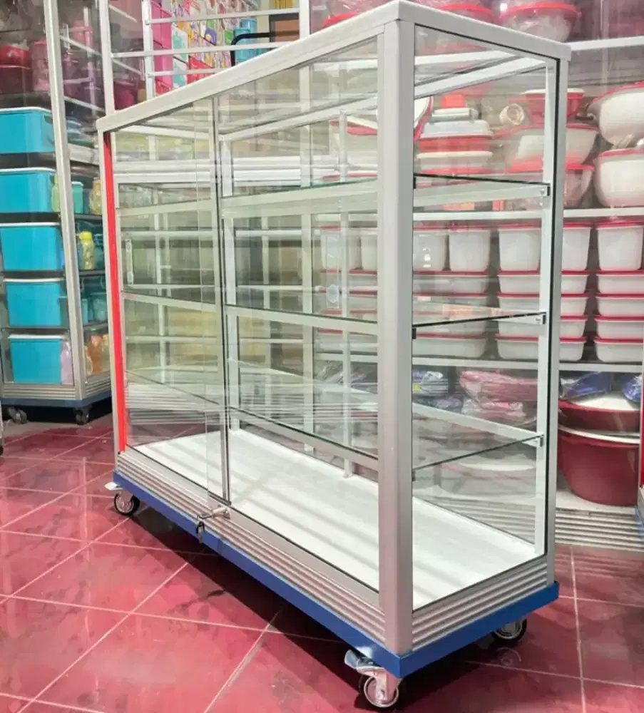 Etalase Ukuran 1,2Mx1M Pakai Roda Kaca Full 5mm