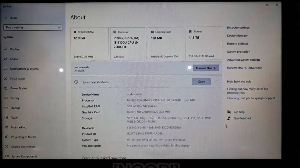 Asus X441u i3 Gen 7, Ram 12 GB, SSD 240, Hdd 1TB