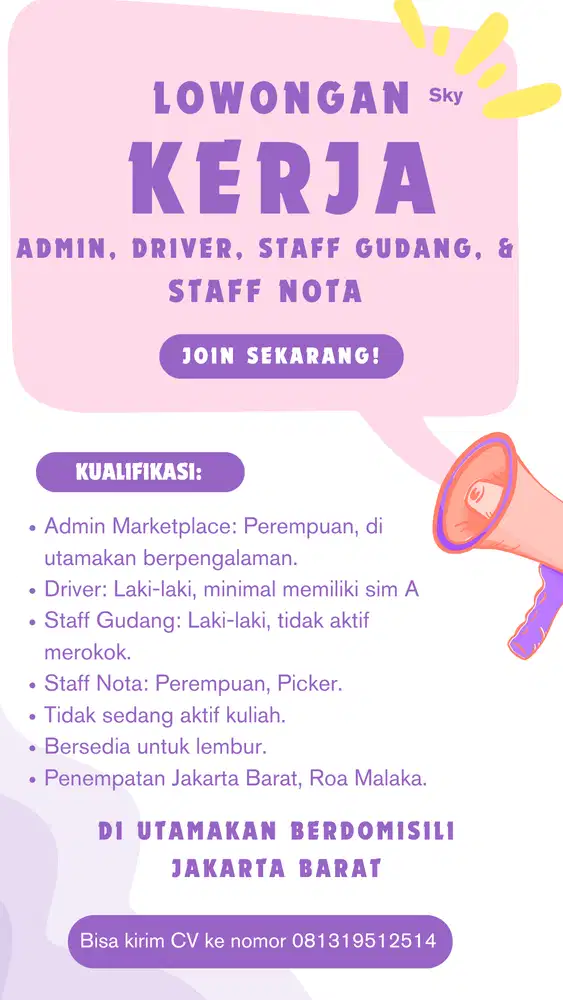 Lowongan Posisi - Admin, Driver, Staff Gudang, Staff Nota