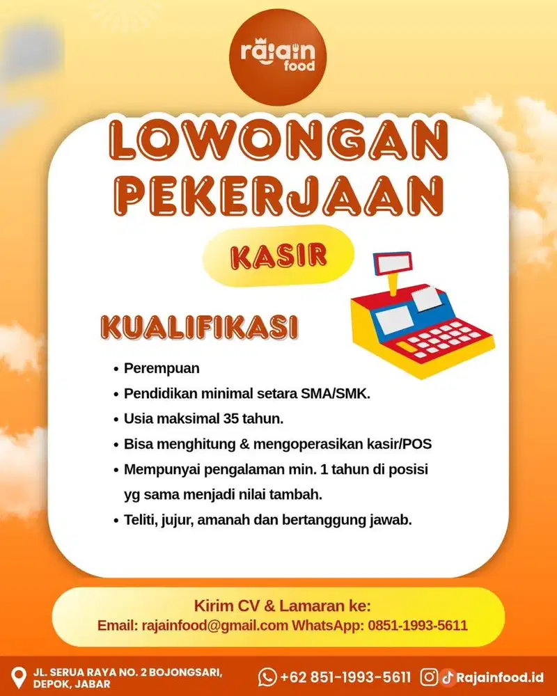 Lowongan Kerja Kasir, Waitress/Helper, Kepala Koki, Ass Kepala Koki