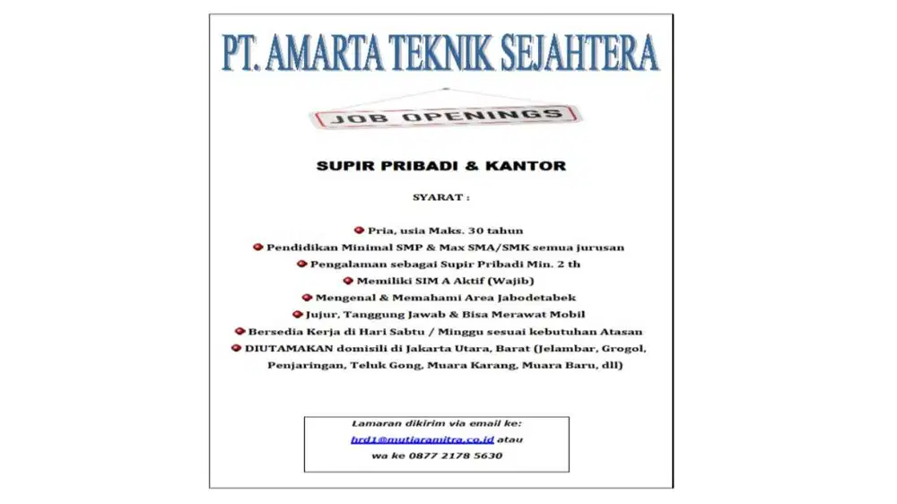 Lowongan Kerja Supir Pribadi & Kantor di PT. Amarta