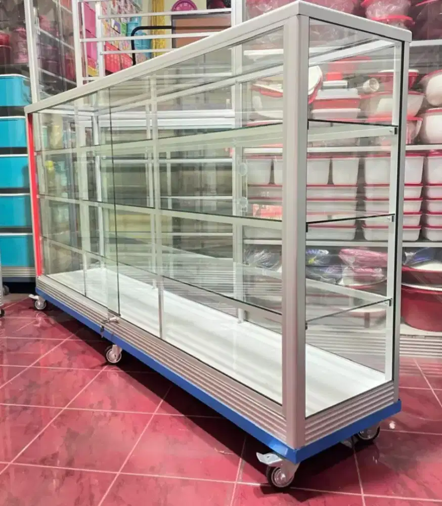 Etalase Pakai Roda Panjang 2M Kaca Full 5MM