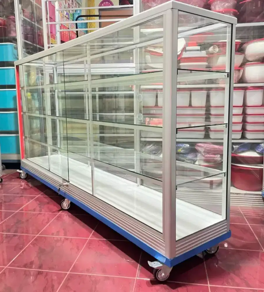 Etalase Pakai Roda Panjang 2M Kaca Full 5MM