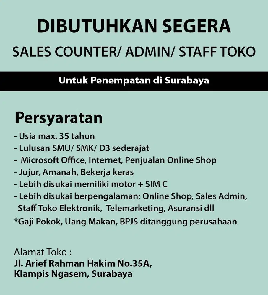 DI BUTUHKAN SEGERA STAFF TOKO