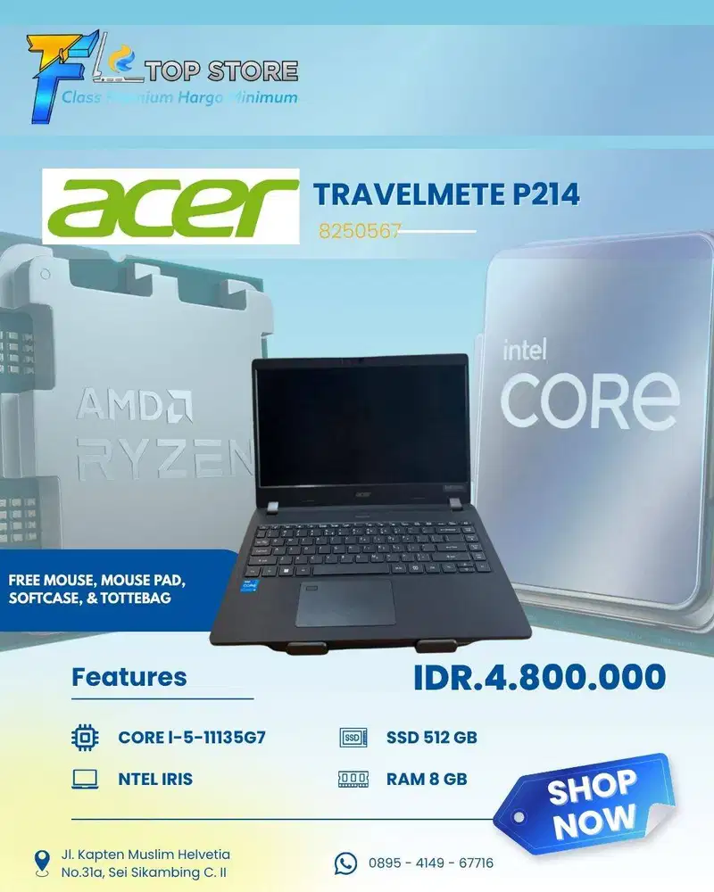 LAPTOP ACER TRAVELMATE P214 INTEL CORE I5-11135G7 SSD 512/8GB