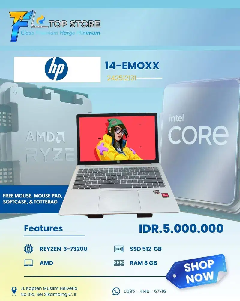 LAPTOP HP 14-EMOXX AMD RYZEN 3-7320U SSD 512/8GB