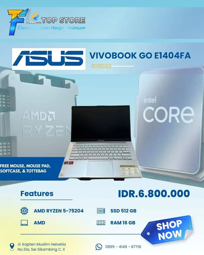 LAPTOP ASUS VIVOBOOK GO E1404FA AMD RYZEN 5-75204 SSD 512/16GBInfo Leb