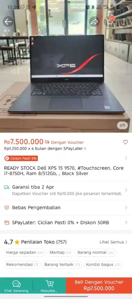 Laptop Dell XPS 15 9570 layar 4K touchscreen
