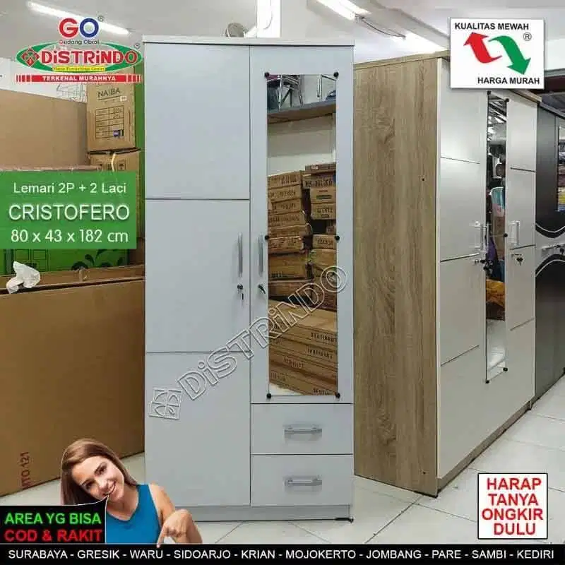 Lemari Pakaian 2Pintu Full White Papan Tebal Halus Luar Dalam 2Laci