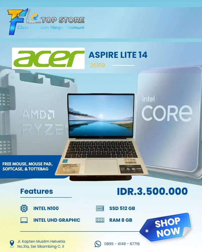 LAPTOP ACER ASPIRE LITE 14 INTEL N100 SSD 512/8GB-INTEL UHD GRAPHIC