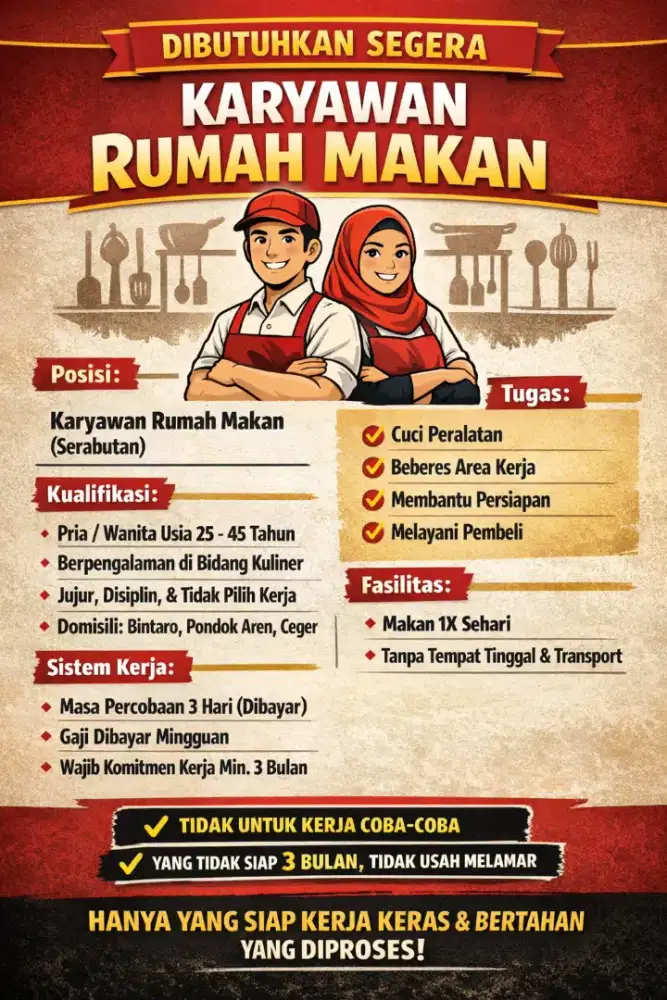 DIBUTUHKAN SEGERA – KARYAWAN RUMAH MAKAN