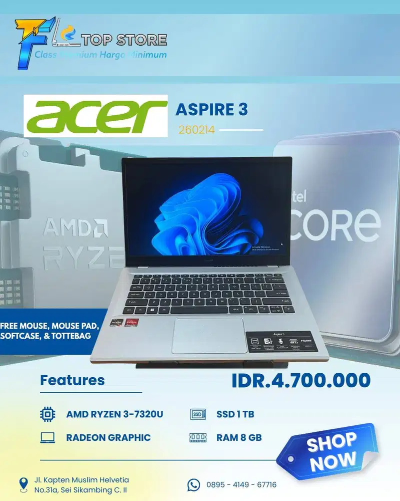 LAPTOP ACER  ASPIRE 3 AMD RYZEN 3-7320U SSD 1TB/8GB-RADEON GRAPHIC