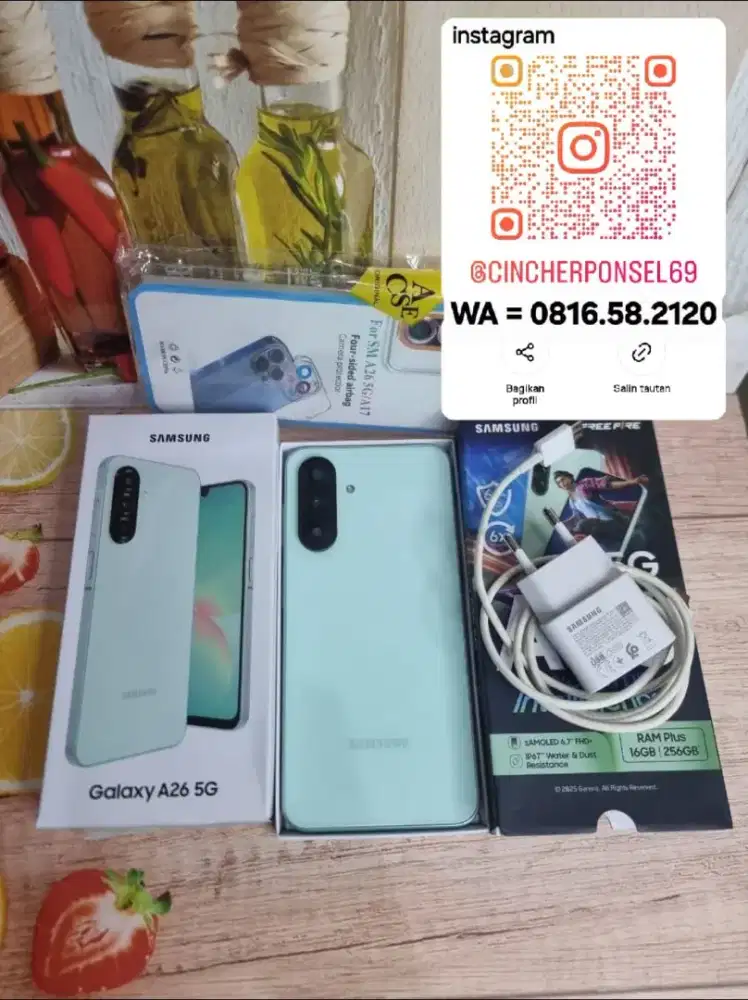 Jual hp likenew samsung A26 5g 8/256 grns sampe jan 2027 free ADAPTOR