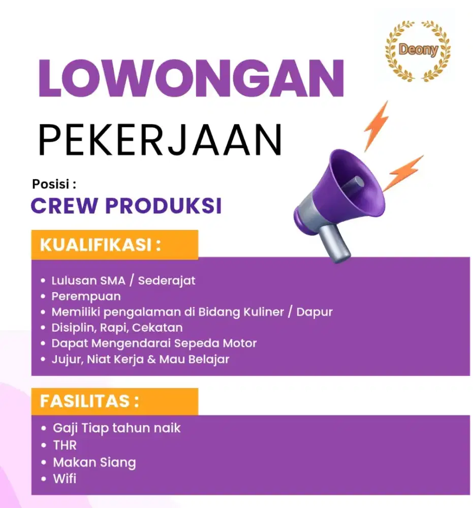 dibutuhkan crew produksi / Dapur
