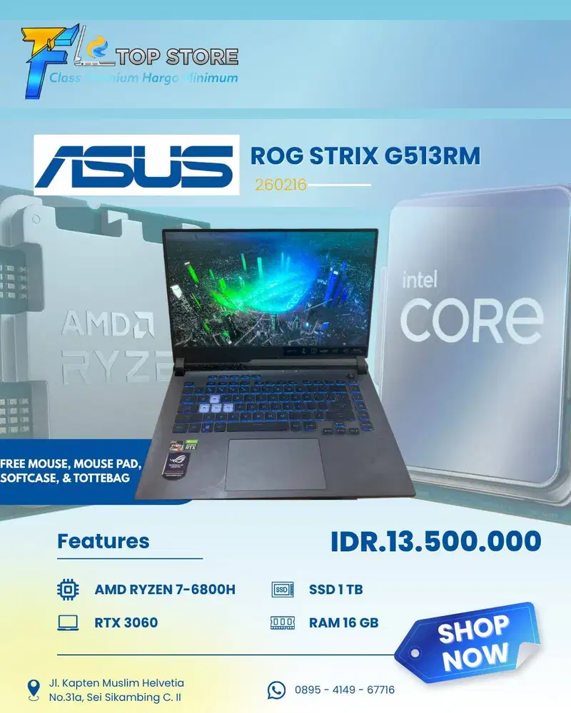 LAPTOP ROG STRIX G513RM AMD RYZEN 7-6800H SSD 1TB/16GB-RTX 3060