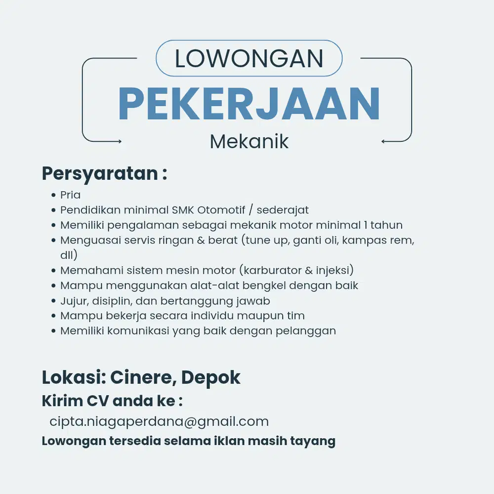 Dibutuhkan mekanik untuk bengkel motor