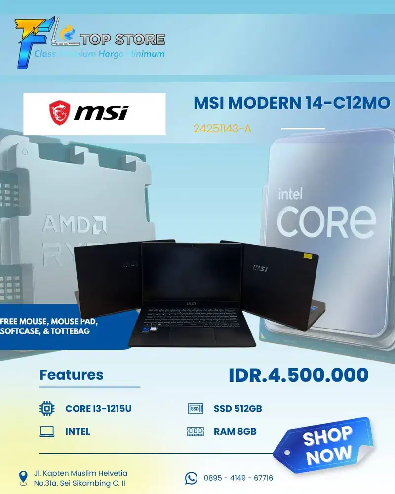 LAPTOP MSI MODERN 14-C12MO INTEL CORE I3-1215U SSD 512/8GB