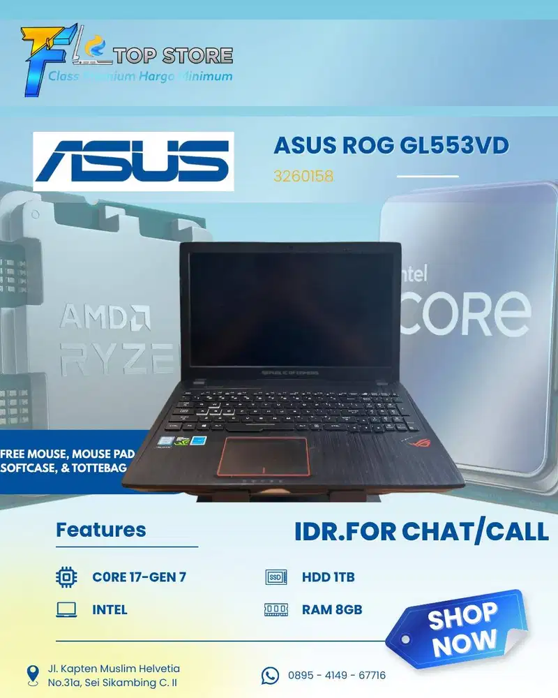 LAPTOP ROG GL55VD INTEL CORE I7-GEN 7 HDD 1TB/8GB