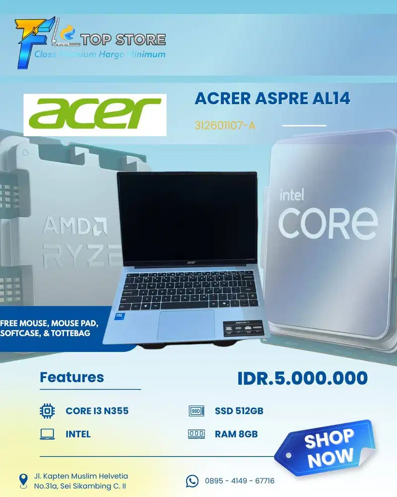 LAPTOP ACER ASPIRE AL14 INTEL CORE I3 N355 SSD 512/8GB