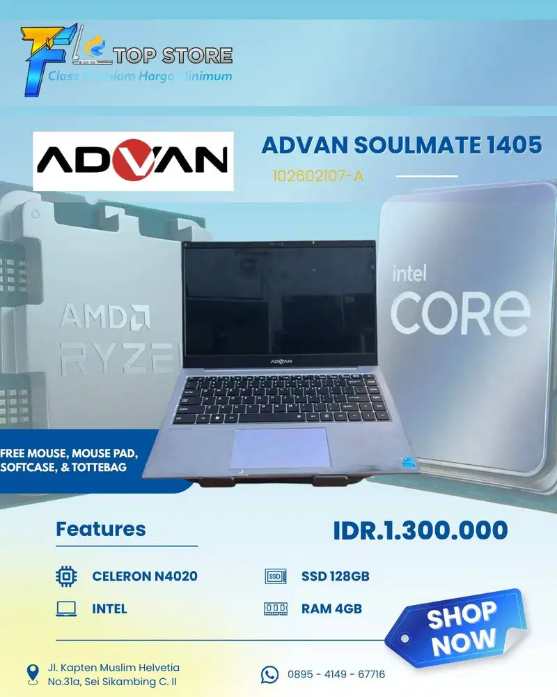 LAPTOP ADVAN SOULMATE 1405  INTEL CELERON N4020 SSD 128/4GB