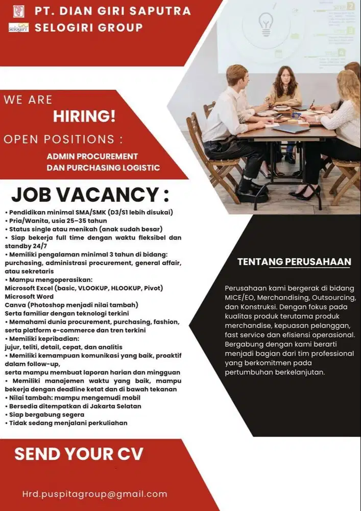 Lowongan Posisi Admin Procurement , Purchasing logistic dan Sekretaris